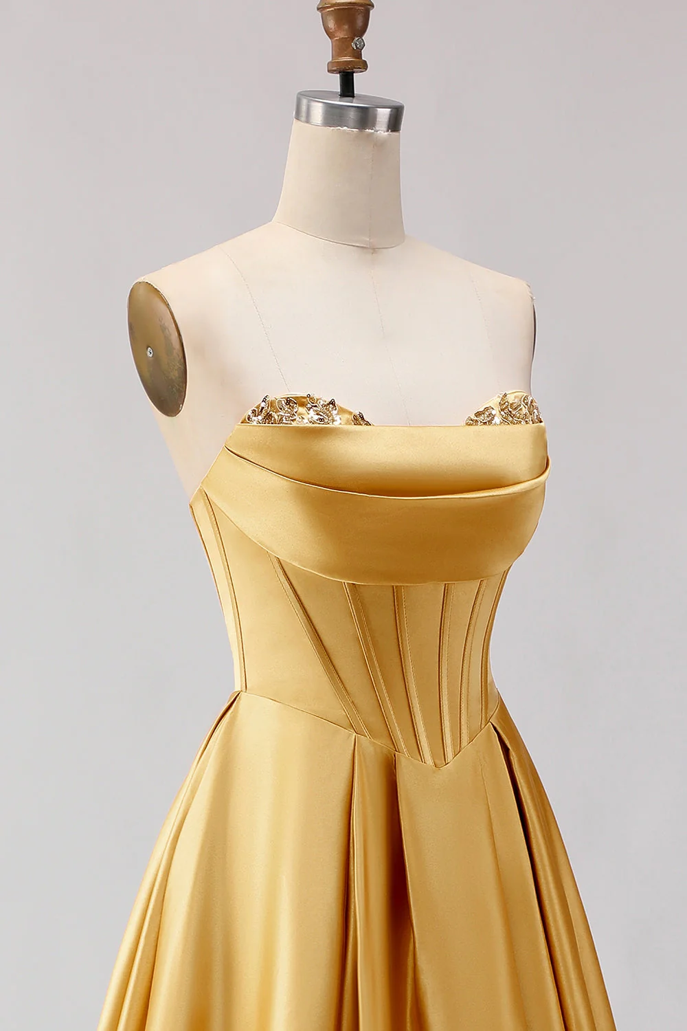 Golden Strapless Satin A-Line Corset Long Prom Dress - Image 6