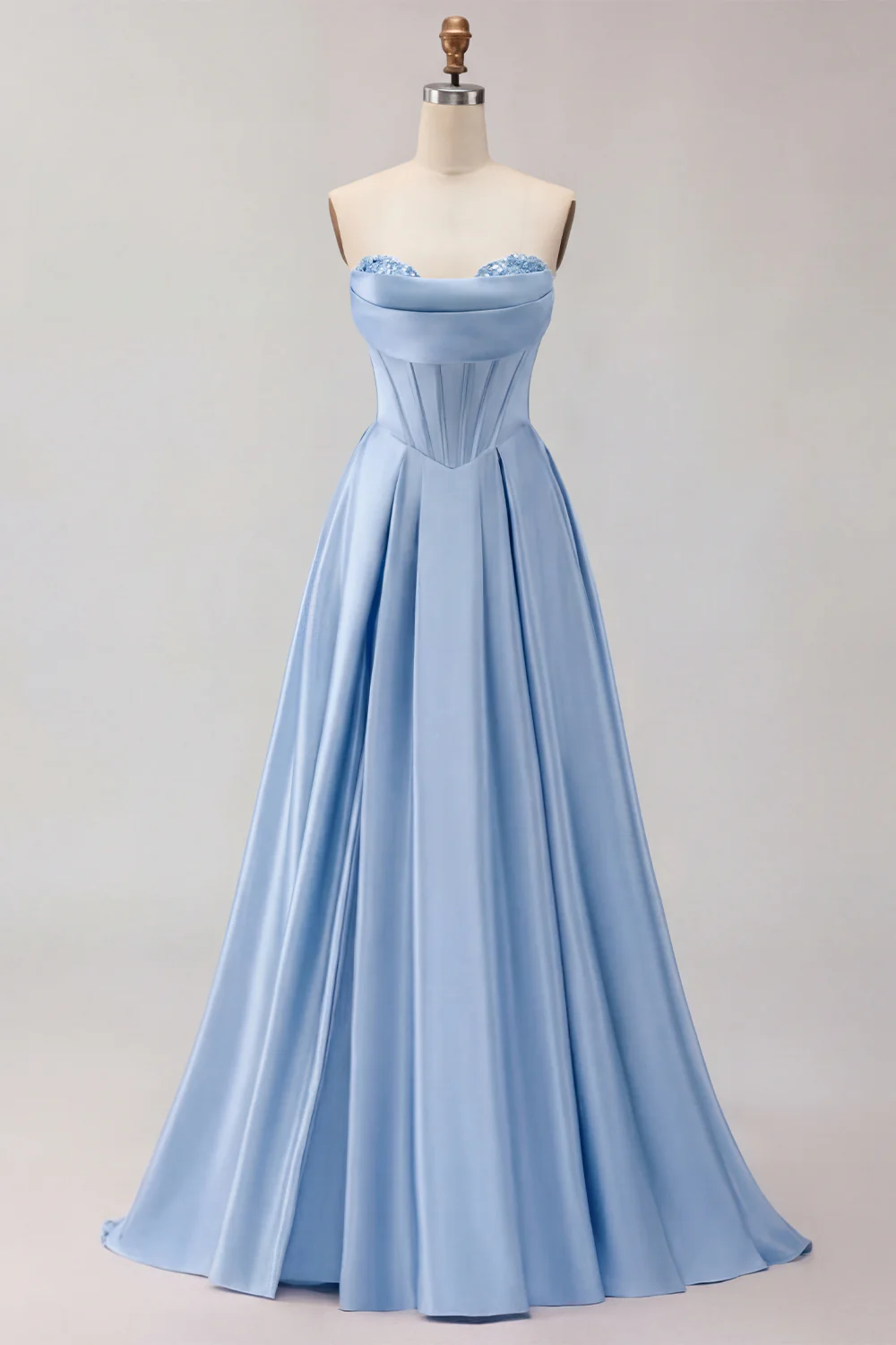 Golden Strapless Satin A-Line Corset Long Prom Dress - Image 7