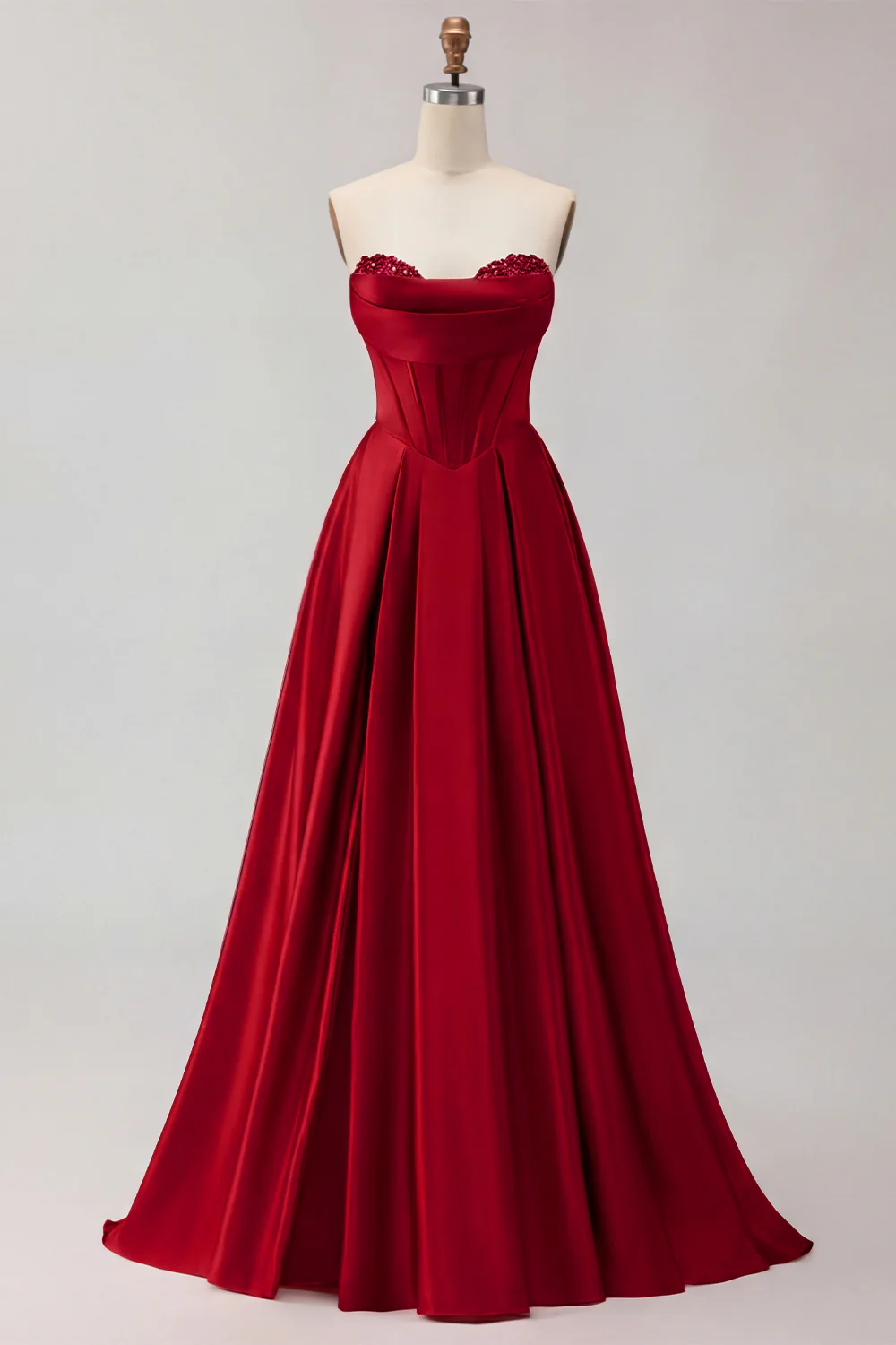 Golden Strapless Satin A-Line Corset Long Prom Dress - Image 9