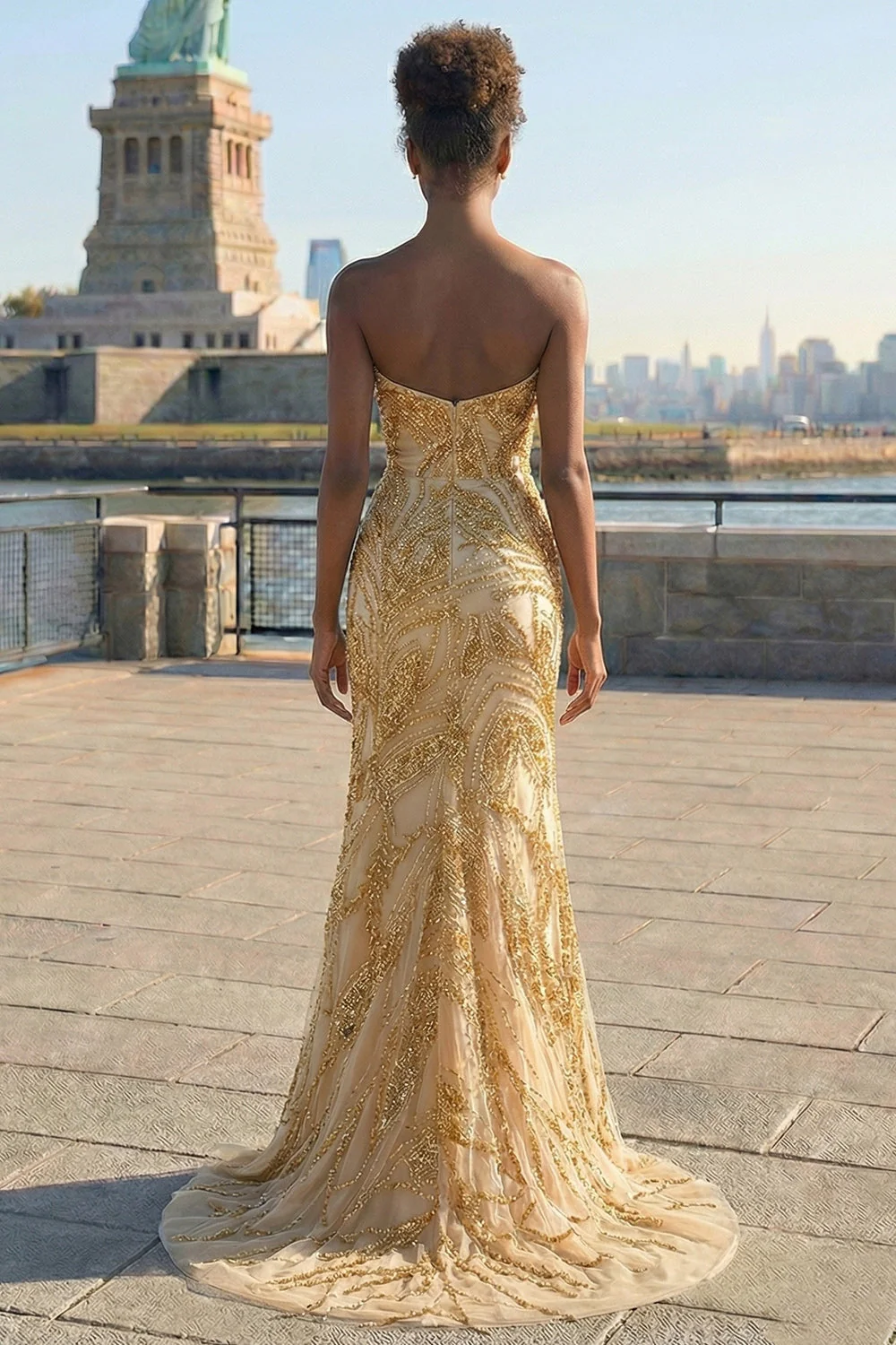 Golden Sweetheart Mermaid Beaded Long Prom Dress with Slit - Image 2