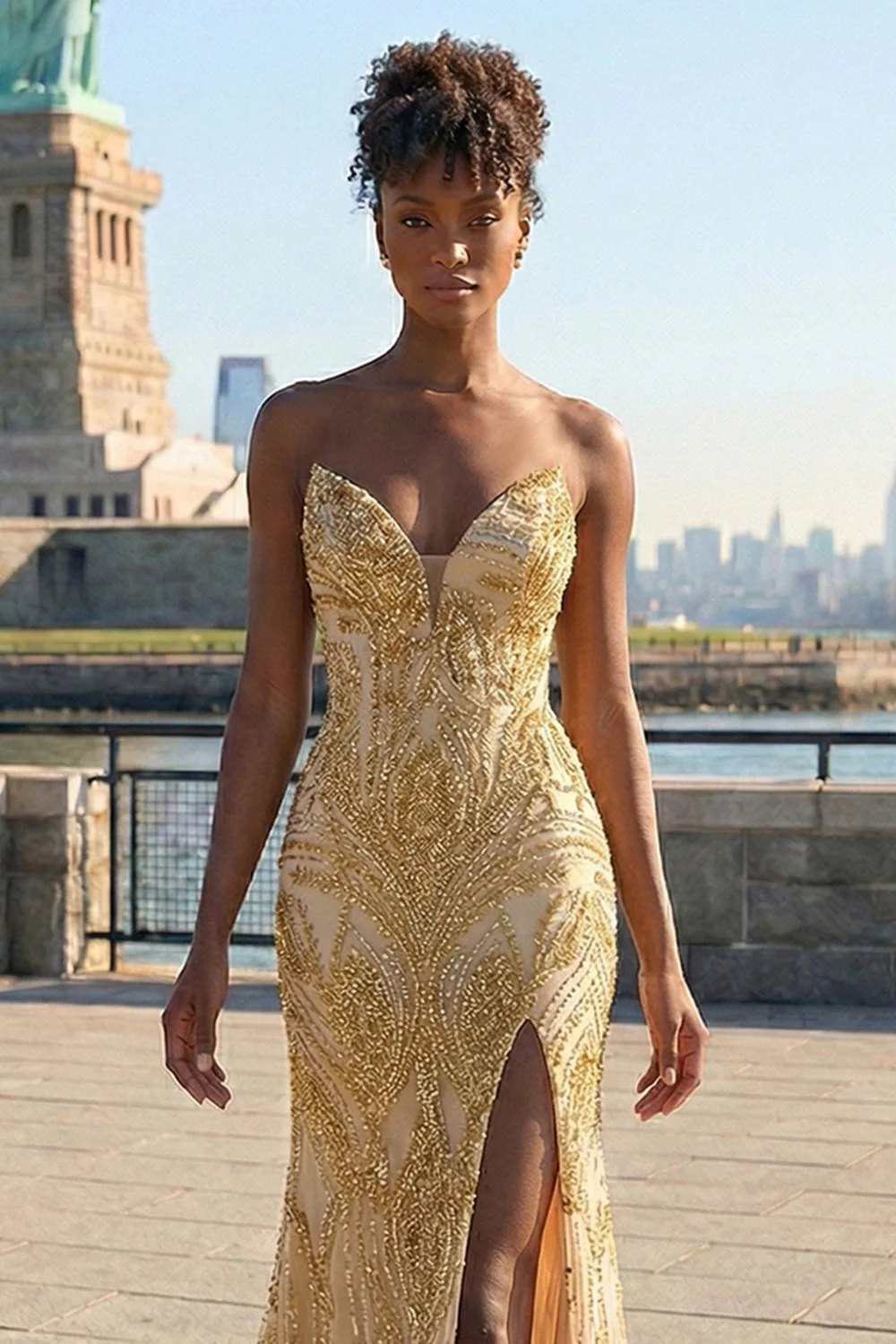 Golden Sweetheart Mermaid Beaded Long Prom Dress with Slit - Image 3