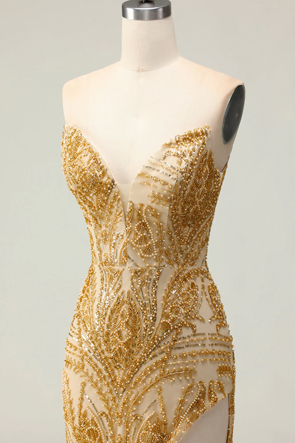 Golden Sweetheart Mermaid Beaded Long Prom Dress with Slit - Image 9