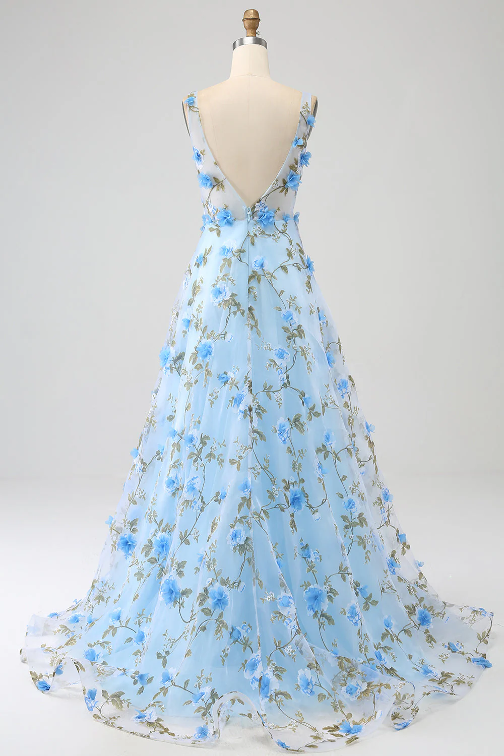 Gorgeous Sky Blue A Line Spaghetti Straps Long Prom Dress with 3D Flowers - Image 2