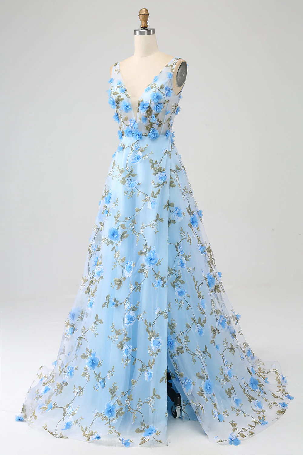 Gorgeous Sky Blue A Line Spaghetti Straps Long Prom Dress with 3D Flowers - Image 5