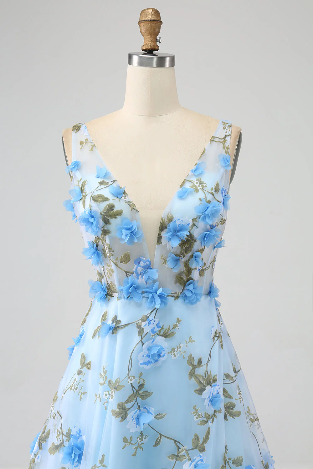 Gorgeous Sky Blue A Line Spaghetti Straps Long Prom Dress with 3D Flowers - Image 6