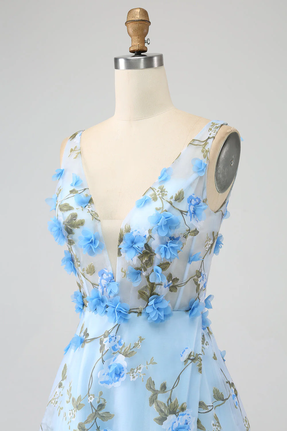 Gorgeous Sky Blue A Line Spaghetti Straps Long Prom Dress with 3D Flowers - Image 7
