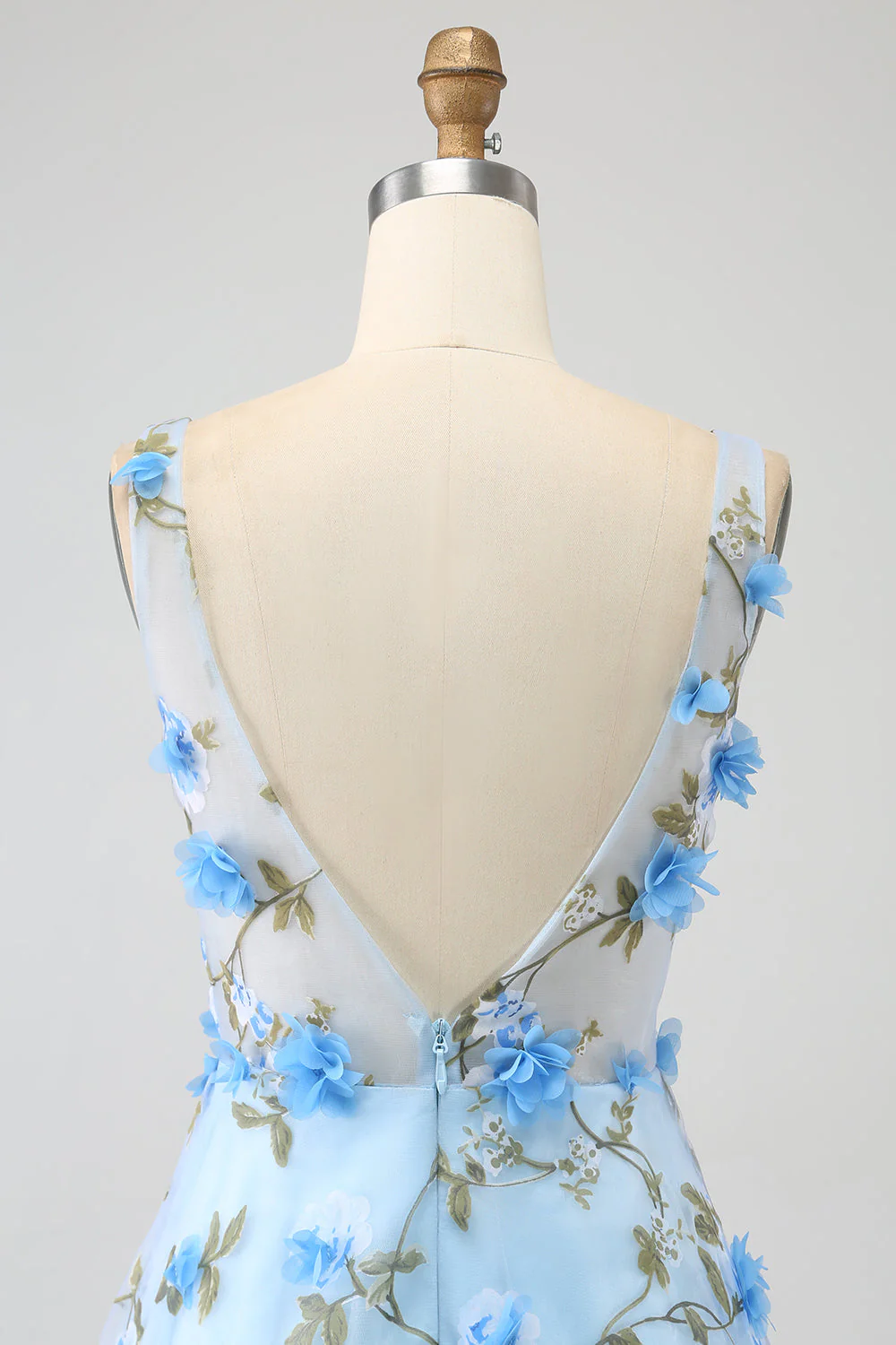 Gorgeous Sky Blue A Line Spaghetti Straps Long Prom Dress with 3D Flowers - Image 8