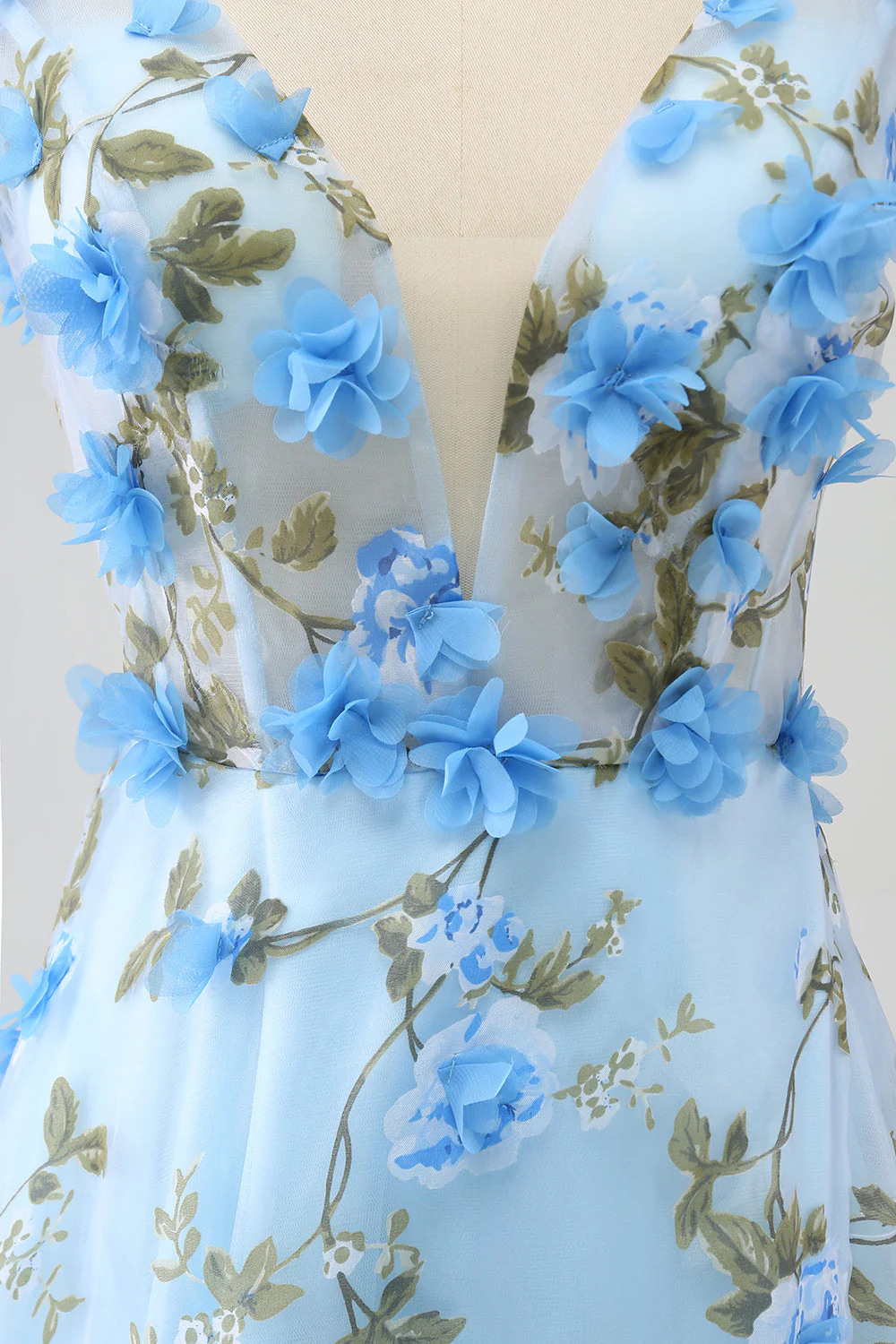 Gorgeous Sky Blue A Line Spaghetti Straps Long Prom Dress with 3D Flowers - Image 9