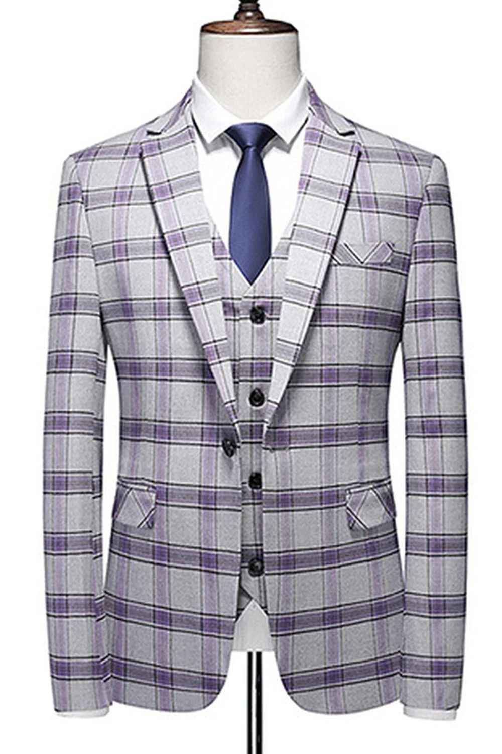 Grayish Purple Striped 3 Pieces Notched Lapel Men's Prom Suits - Image 2