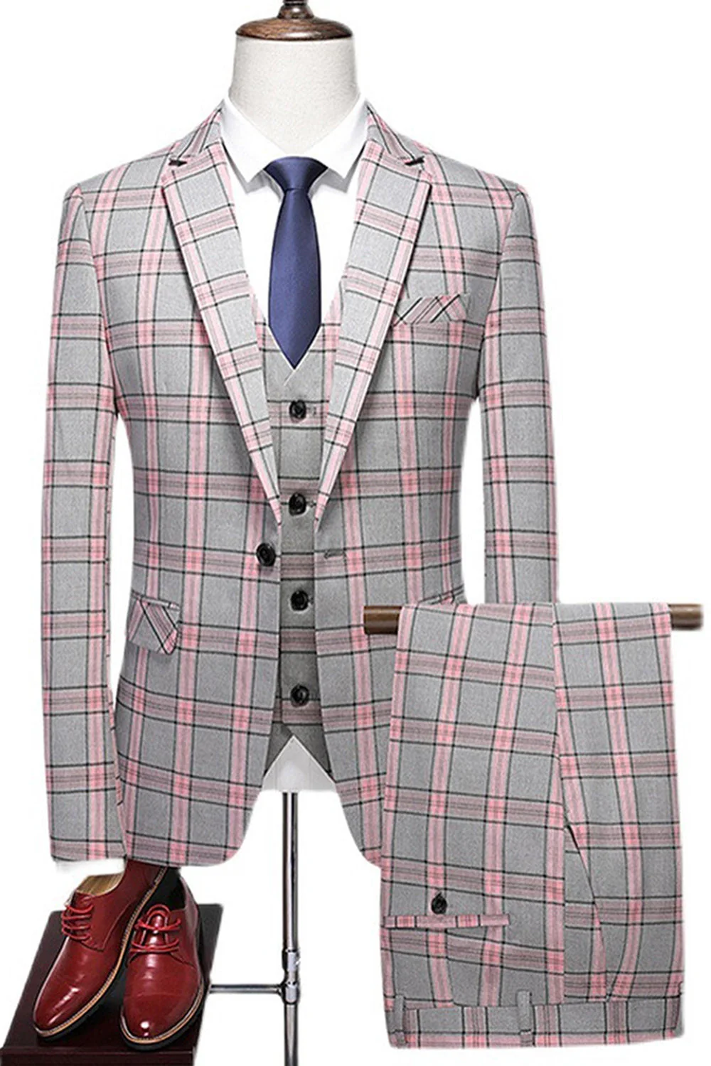 Grayish Purple Striped 3 Pieces Notched Lapel Men's Prom Suits - Image 8