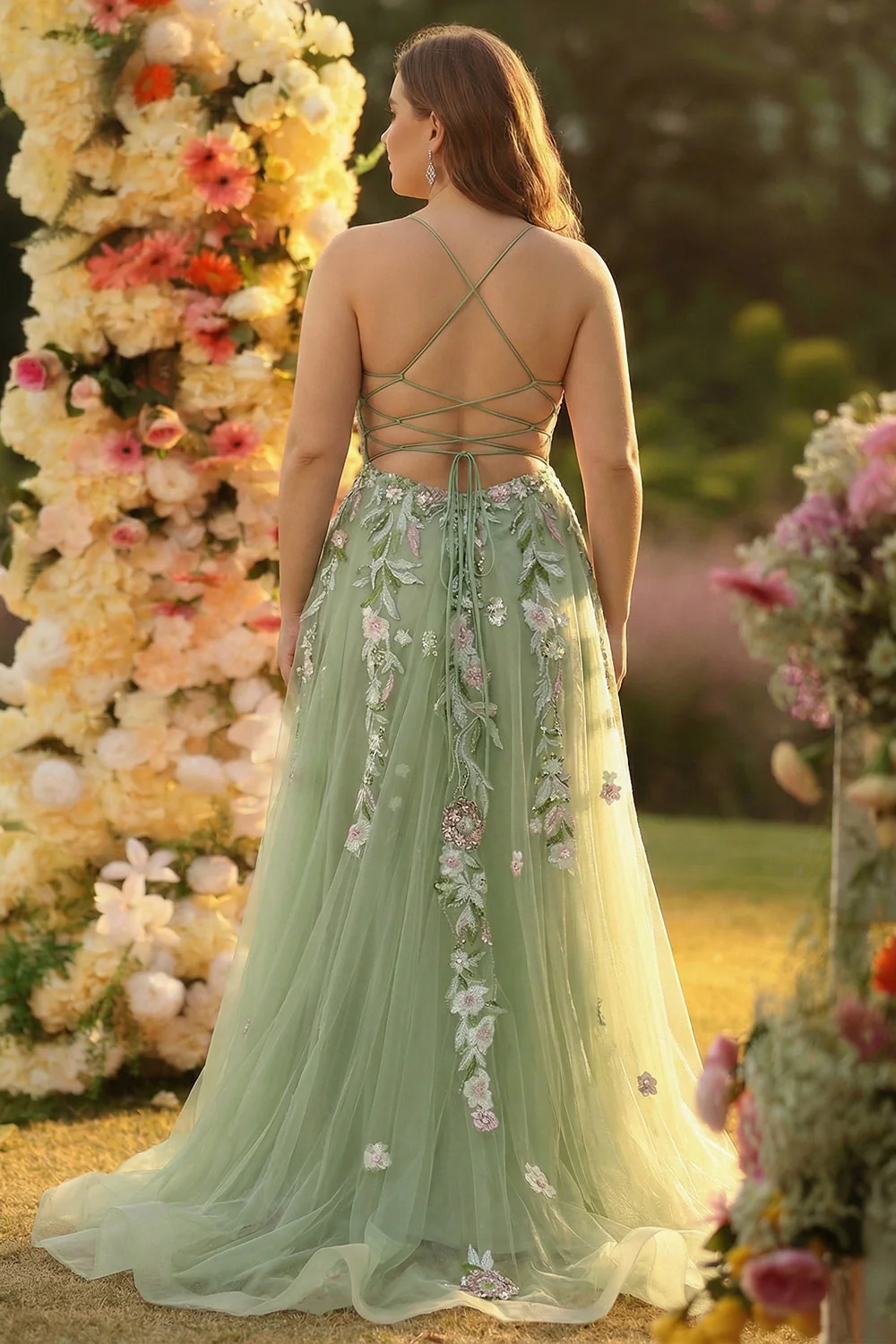Green A line Appliqued Plus Size Tulle Long Corset Prom Dress with Slit - Image 2