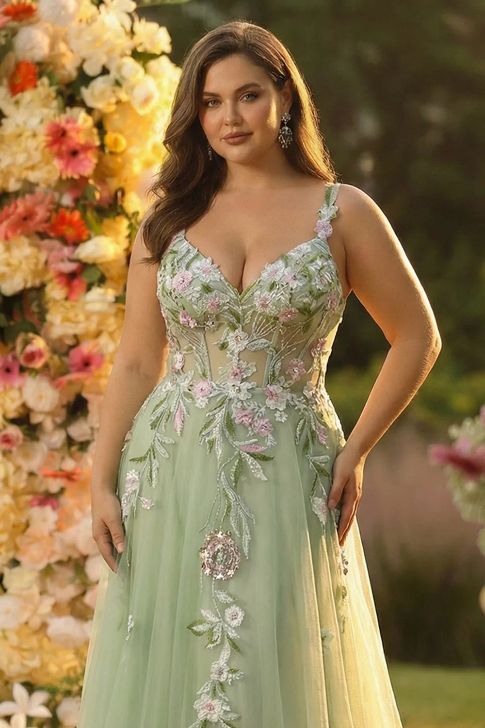 Green A line Appliqued Plus Size Tulle Long Corset Prom Dress with Slit - Image 3