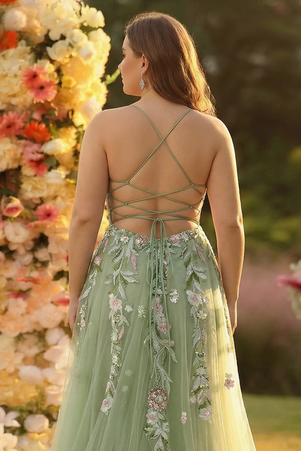 Green A line Appliqued Plus Size Tulle Long Corset Prom Dress with Slit - Image 4