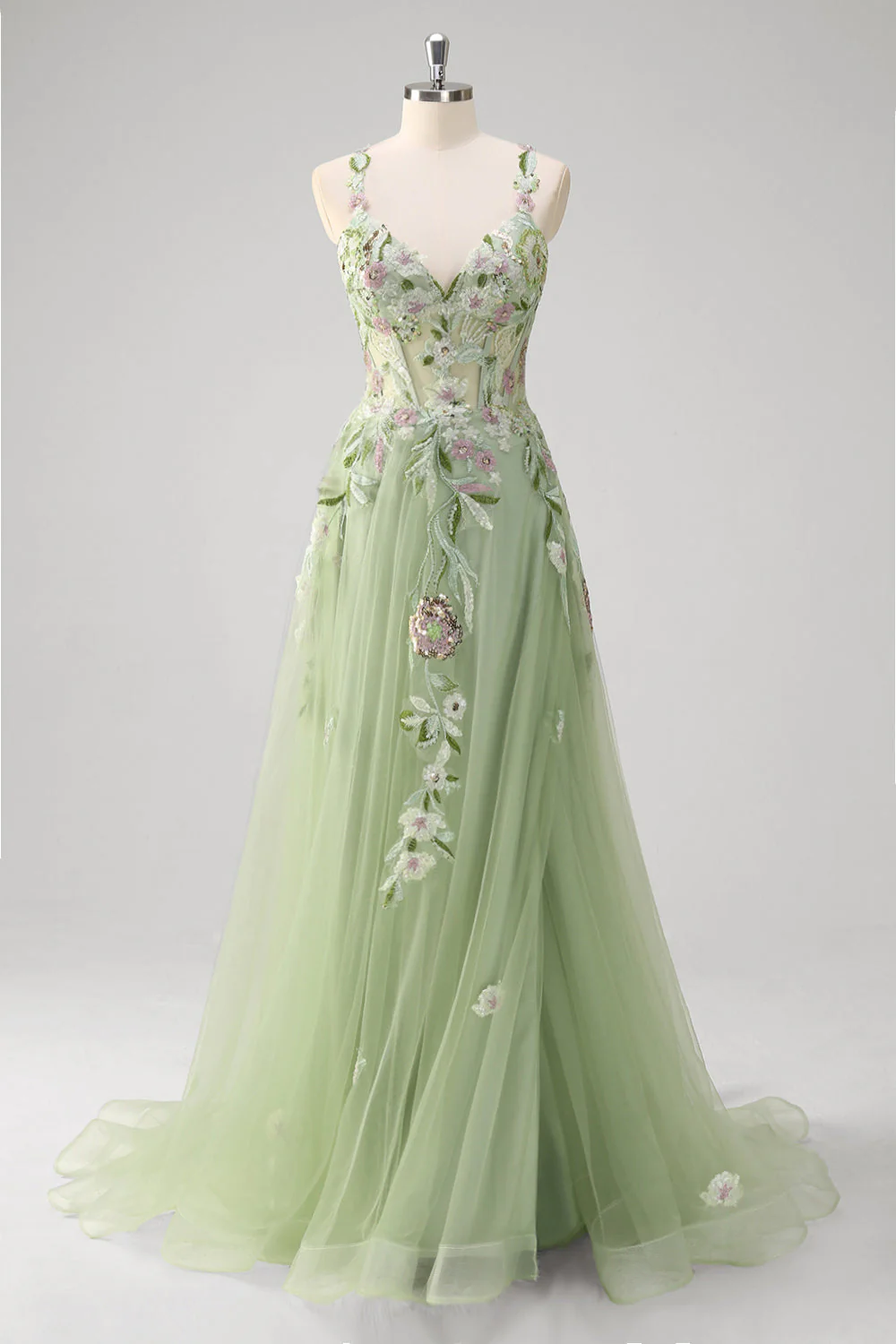 Green A line Appliqued Plus Size Tulle Long Corset Prom Dress with Slit - Image 5