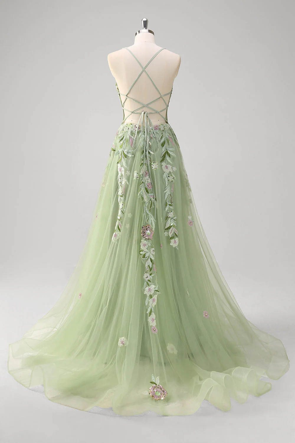 Green A line Appliqued Plus Size Tulle Long Corset Prom Dress with Slit - Image 6