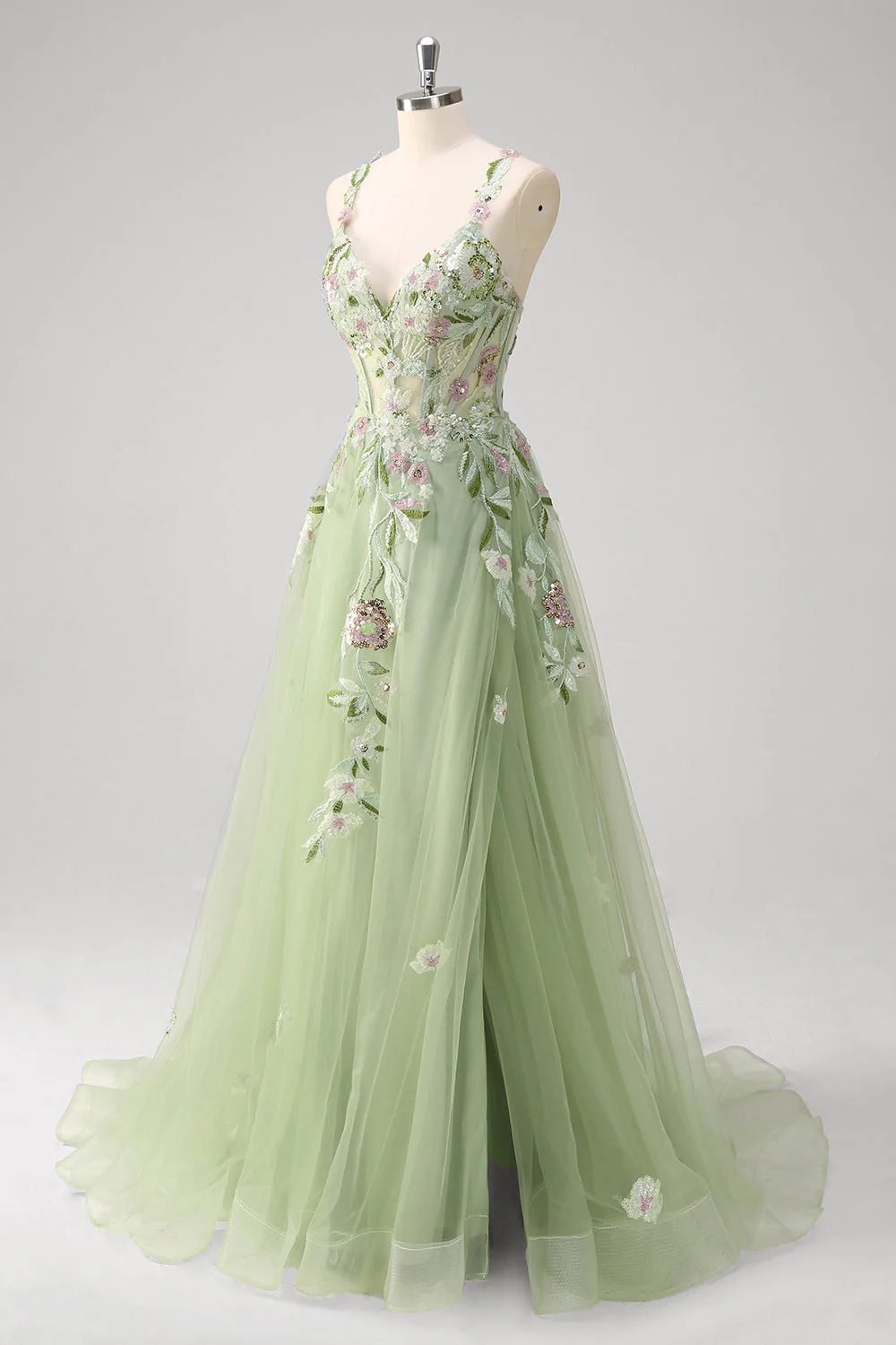 Green A line Appliqued Plus Size Tulle Long Corset Prom Dress with Slit - Image 7