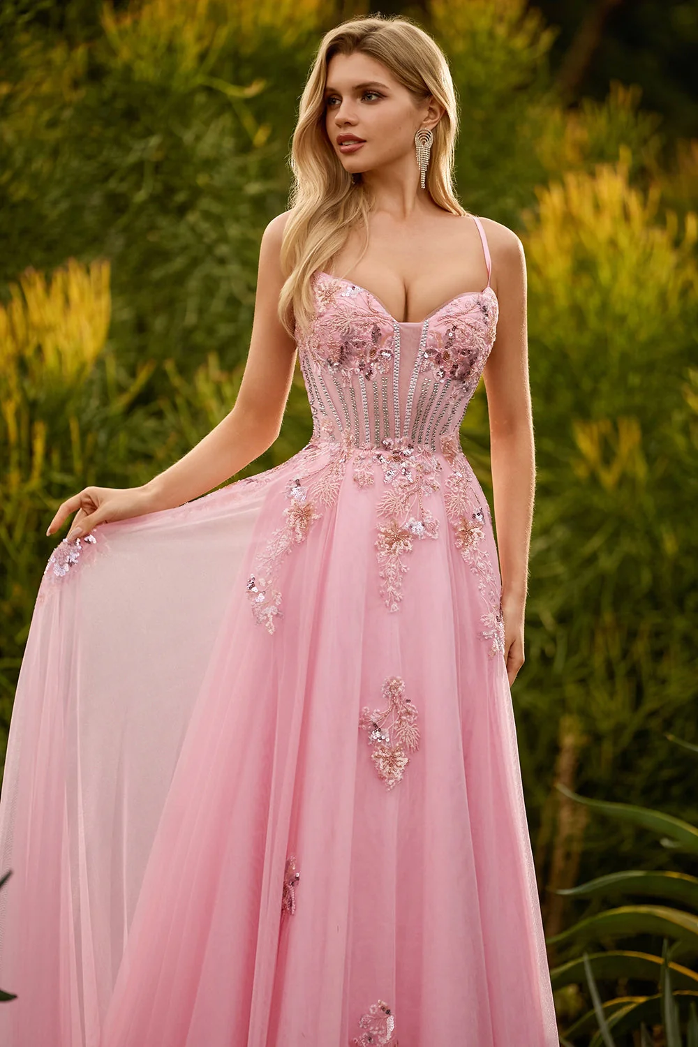 Green A Line Beaded Corset Lace Up Back Long Prom Dress with Sequins - Image 10
