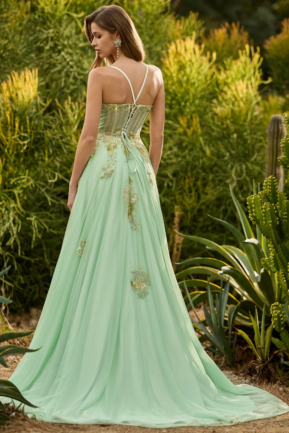 Green A Line Beaded Corset Lace Up Back Long Prom Dress with Sequins - Image 2