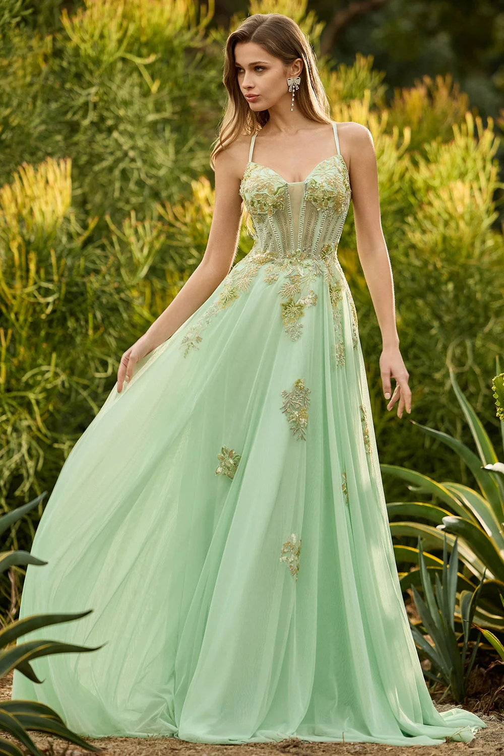 Green A Line Beaded Corset Lace Up Back Long Prom Dress with Sequins - Image 3