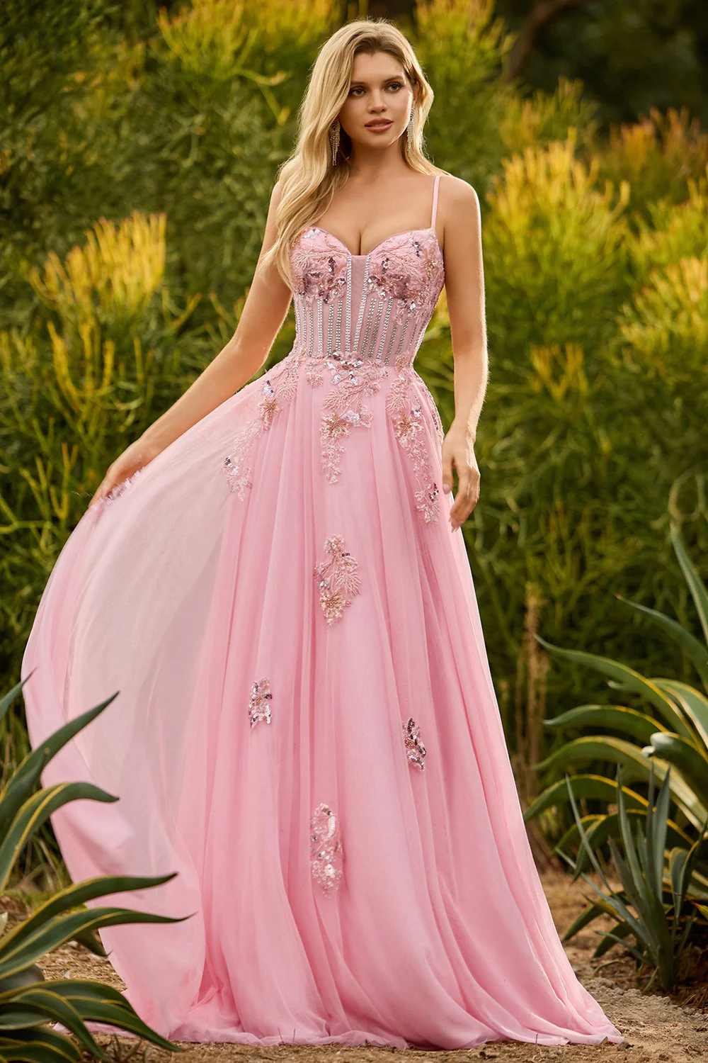 Green A Line Beaded Corset Lace Up Back Long Prom Dress with Sequins - Image 7