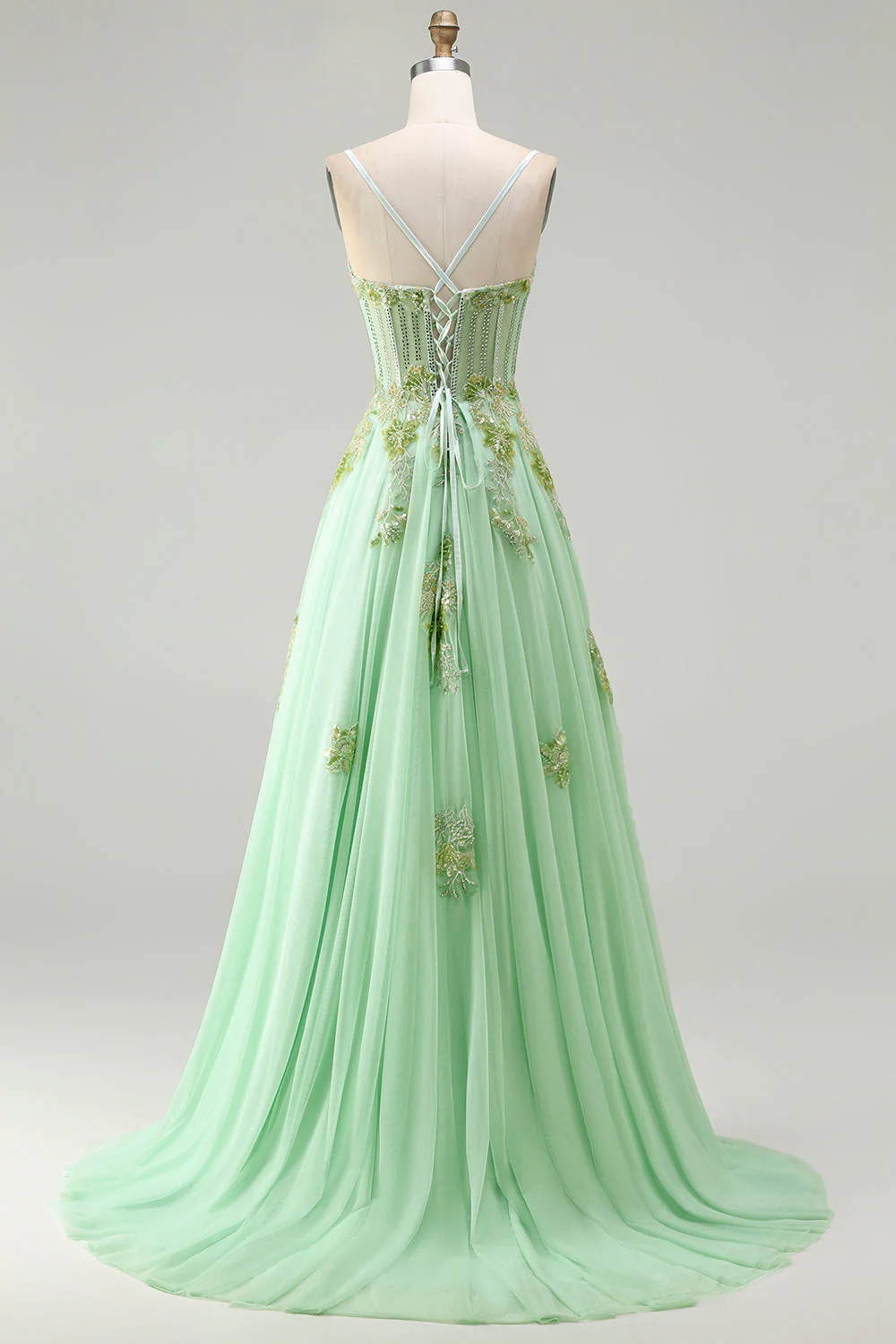 Green A Line Beaded Corset Sequin Appliqued Long Prom Dress - Image 2