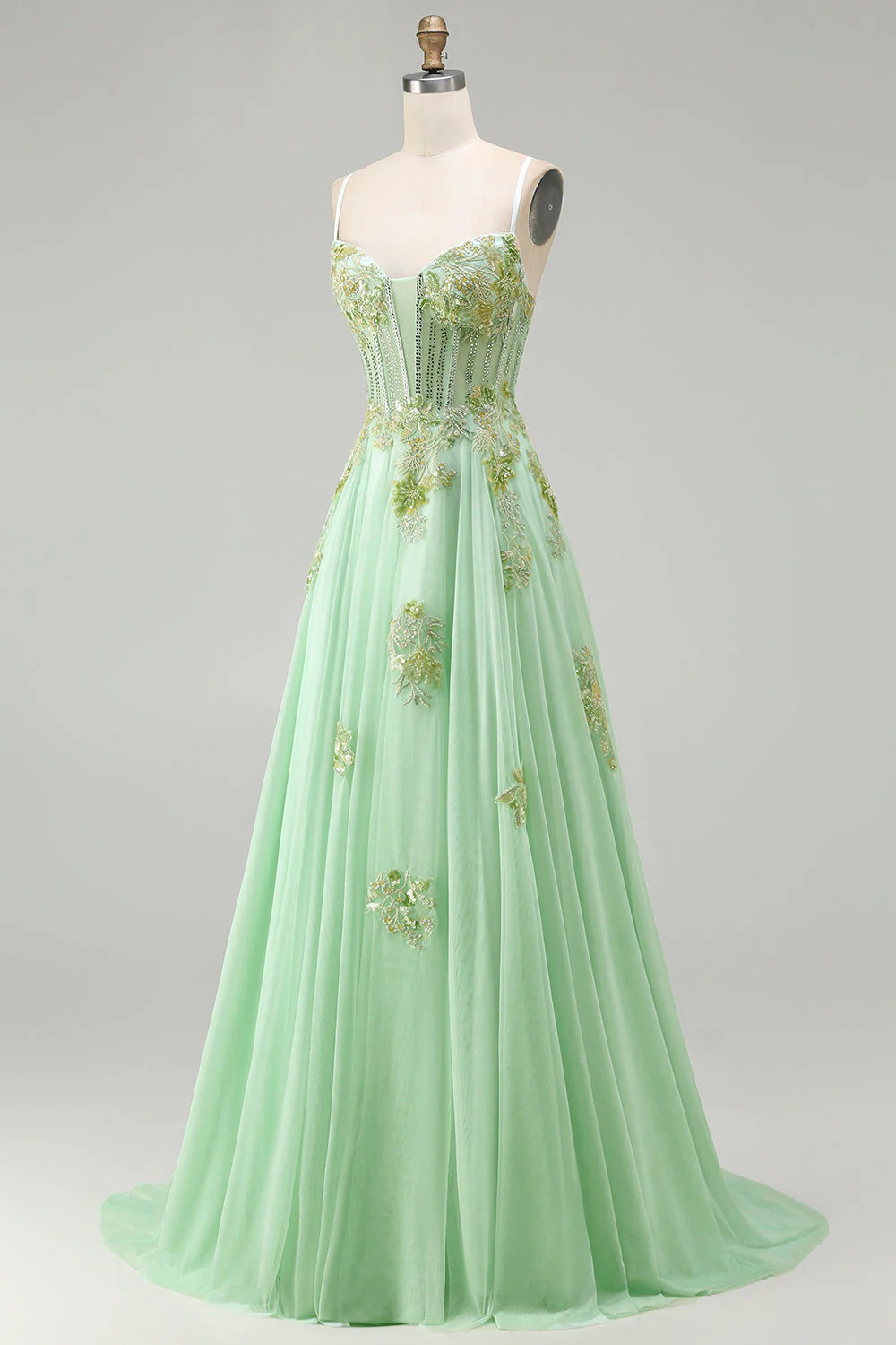 Green A Line Beaded Corset Sequin Appliqued Long Prom Dress - Image 3