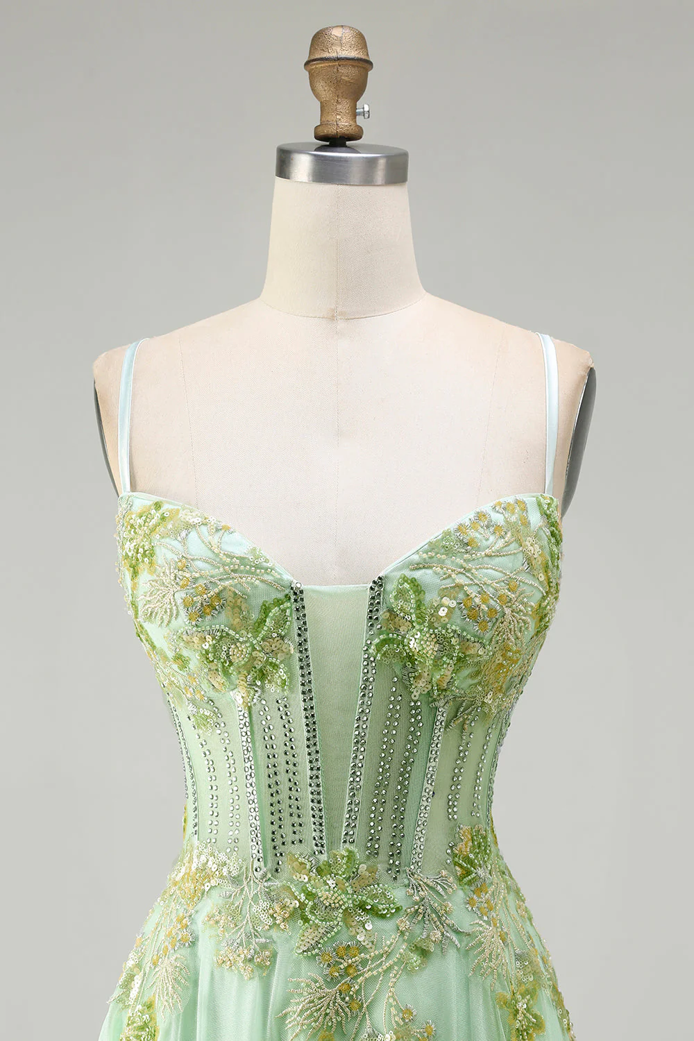 Green A Line Beaded Corset Sequin Appliqued Long Prom Dress - Image 4