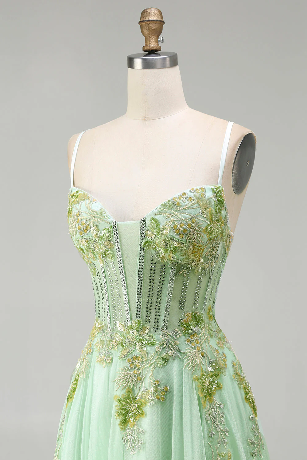 Green A Line Beaded Corset Sequin Appliqued Long Prom Dress - Image 6