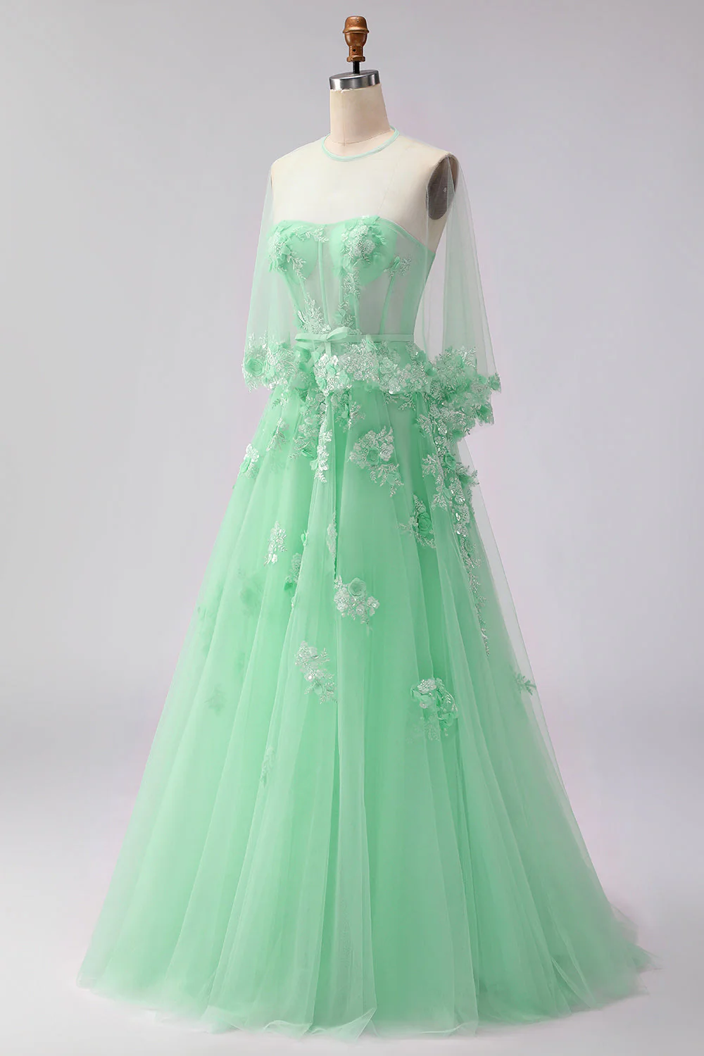 Green A-Line Corset Tulle Appliqued Convertible Long Prom Dress - Image 3