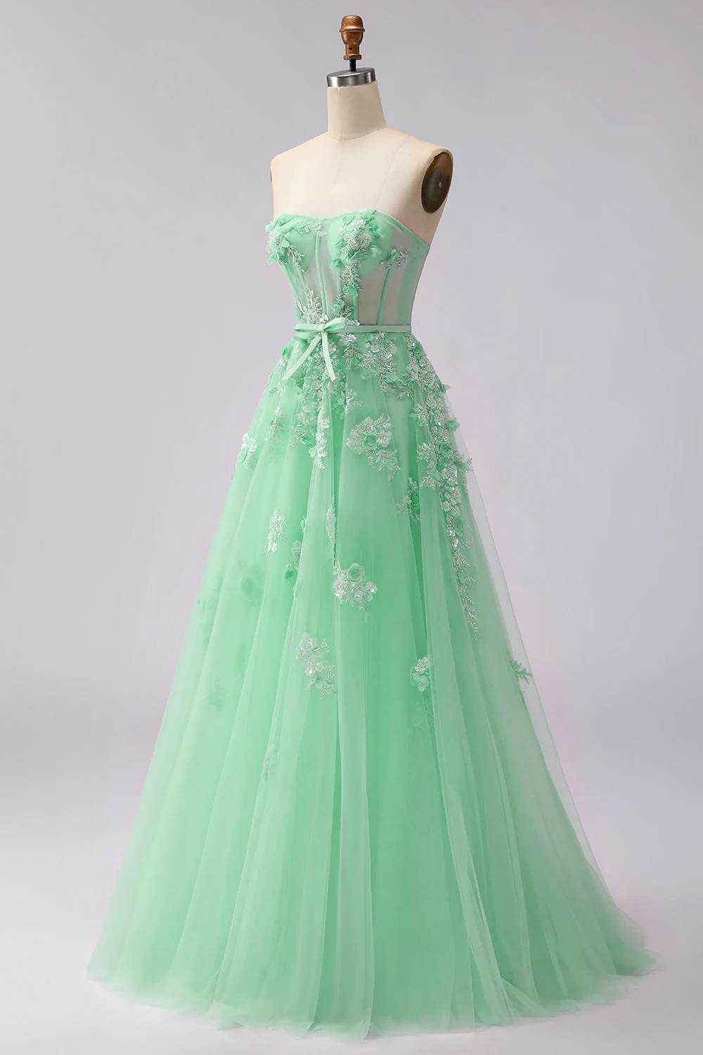 Green A-Line Corset Tulle Appliqued Convertible Long Prom Dress - Image 5