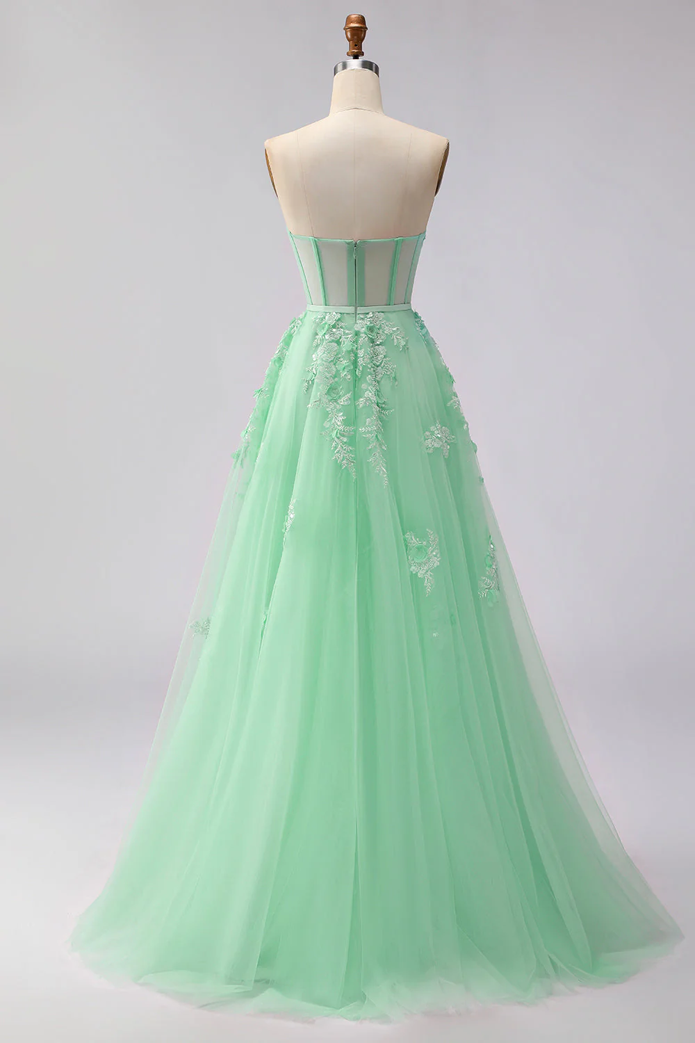 Green A-Line Corset Tulle Appliqued Convertible Long Prom Dress - Image 6