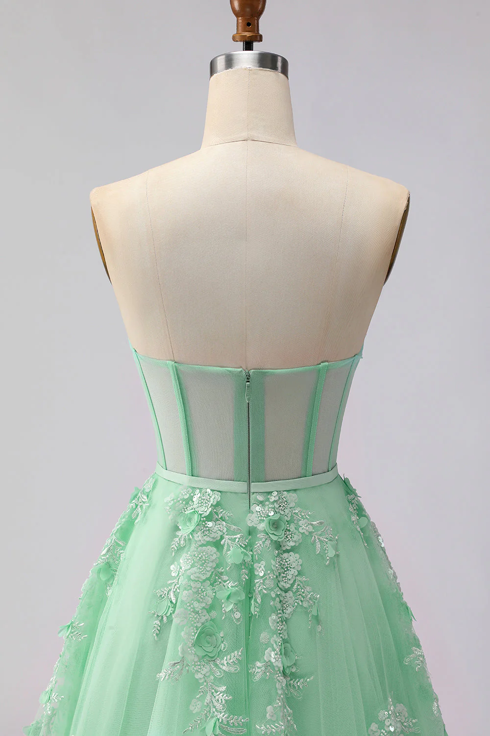 Green A-Line Corset Tulle Appliqued Convertible Long Prom Dress - Image 8