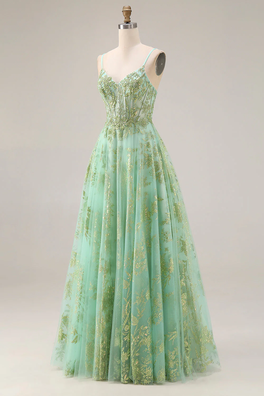 Green A-Line Corset Tulle Beaded Long Prom Dress with Sequins - Image 3