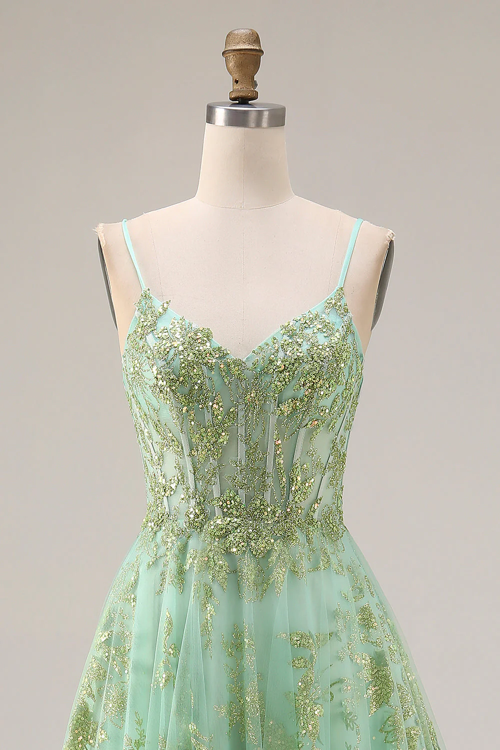 Green A-Line Corset Tulle Beaded Long Prom Dress with Sequins - Image 4