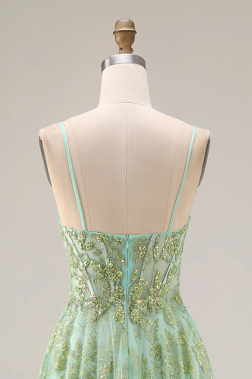 Green A-Line Corset Tulle Beaded Long Prom Dress with Sequins - Image 5