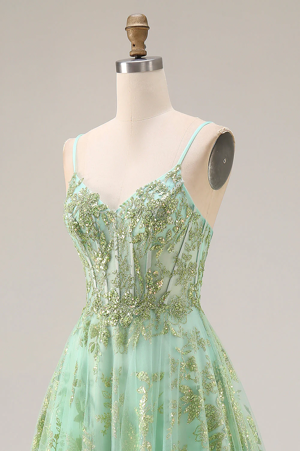Green A-Line Corset Tulle Beaded Long Prom Dress with Sequins - Image 6