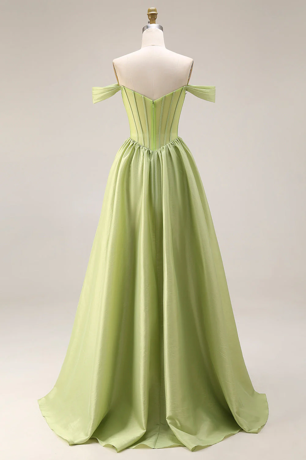 Green A-Line Off The Shoulder Beaded Sheer Corset Long Prom Dress with Slit - Image 2
