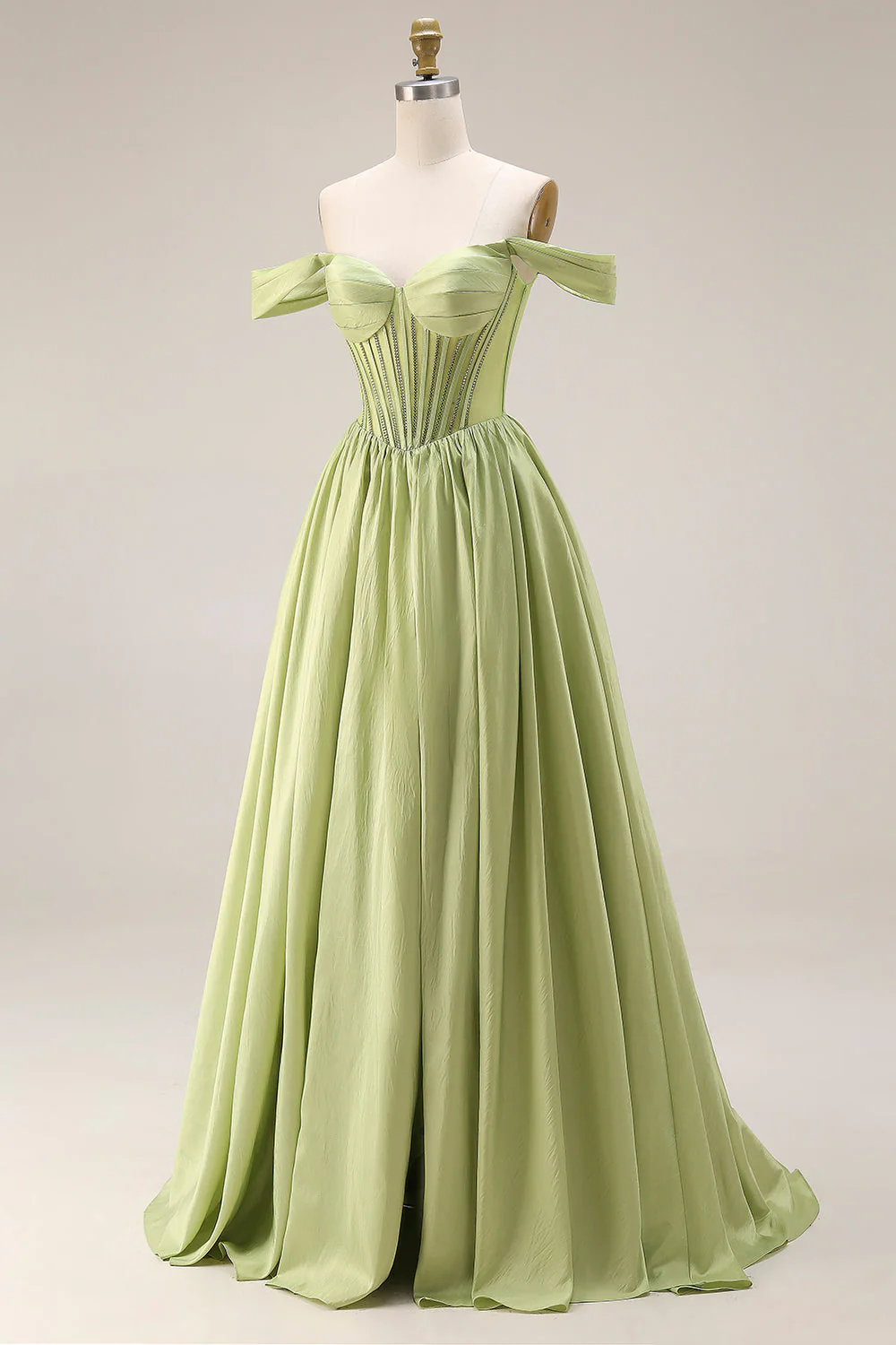 Green A-Line Off The Shoulder Beaded Sheer Corset Long Prom Dress with Slit - Image 3