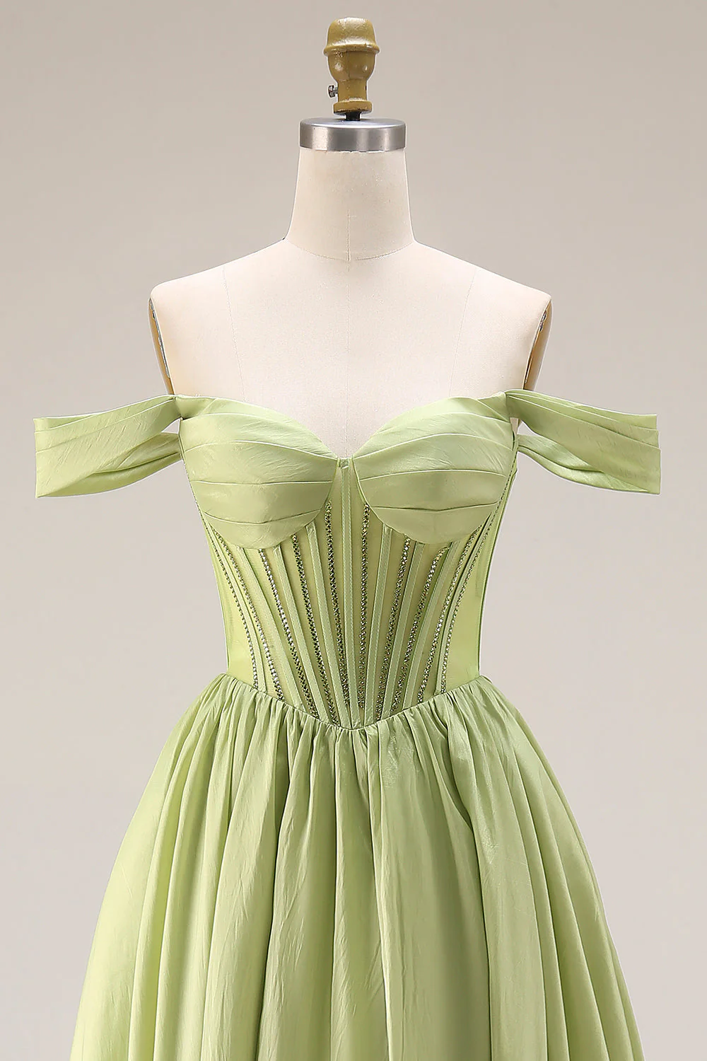 Green A-Line Off The Shoulder Beaded Sheer Corset Long Prom Dress with Slit - Image 4