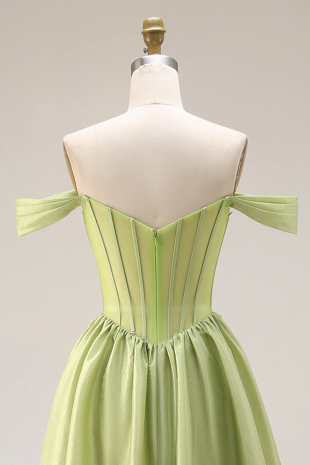 Green A-Line Off The Shoulder Beaded Sheer Corset Long Prom Dress with Slit - Image 5