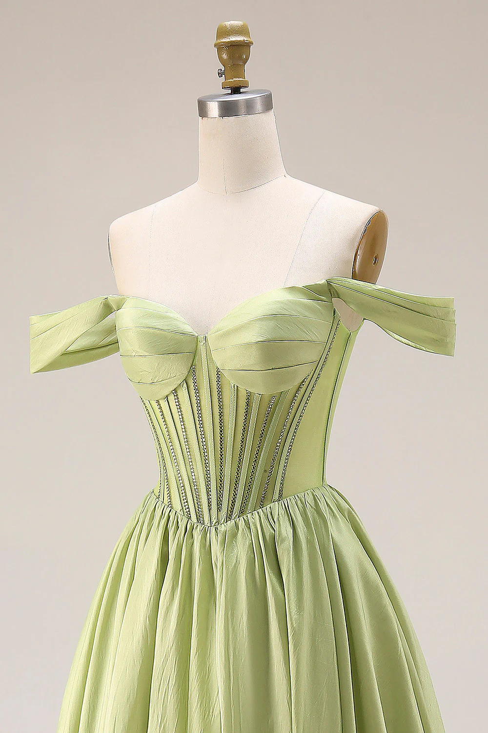 Green A-Line Off The Shoulder Beaded Sheer Corset Long Prom Dress with Slit - Image 6