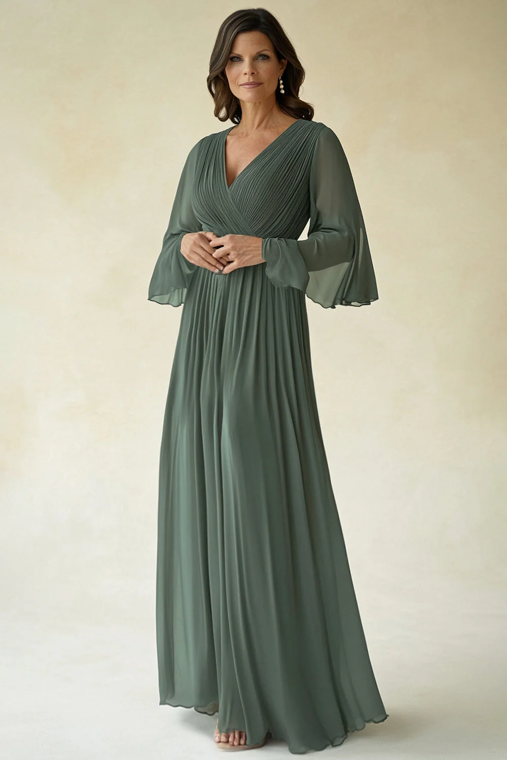 Green A-Line Pleated Chiffon Half Sleeves Long Choir Dress - Image 3