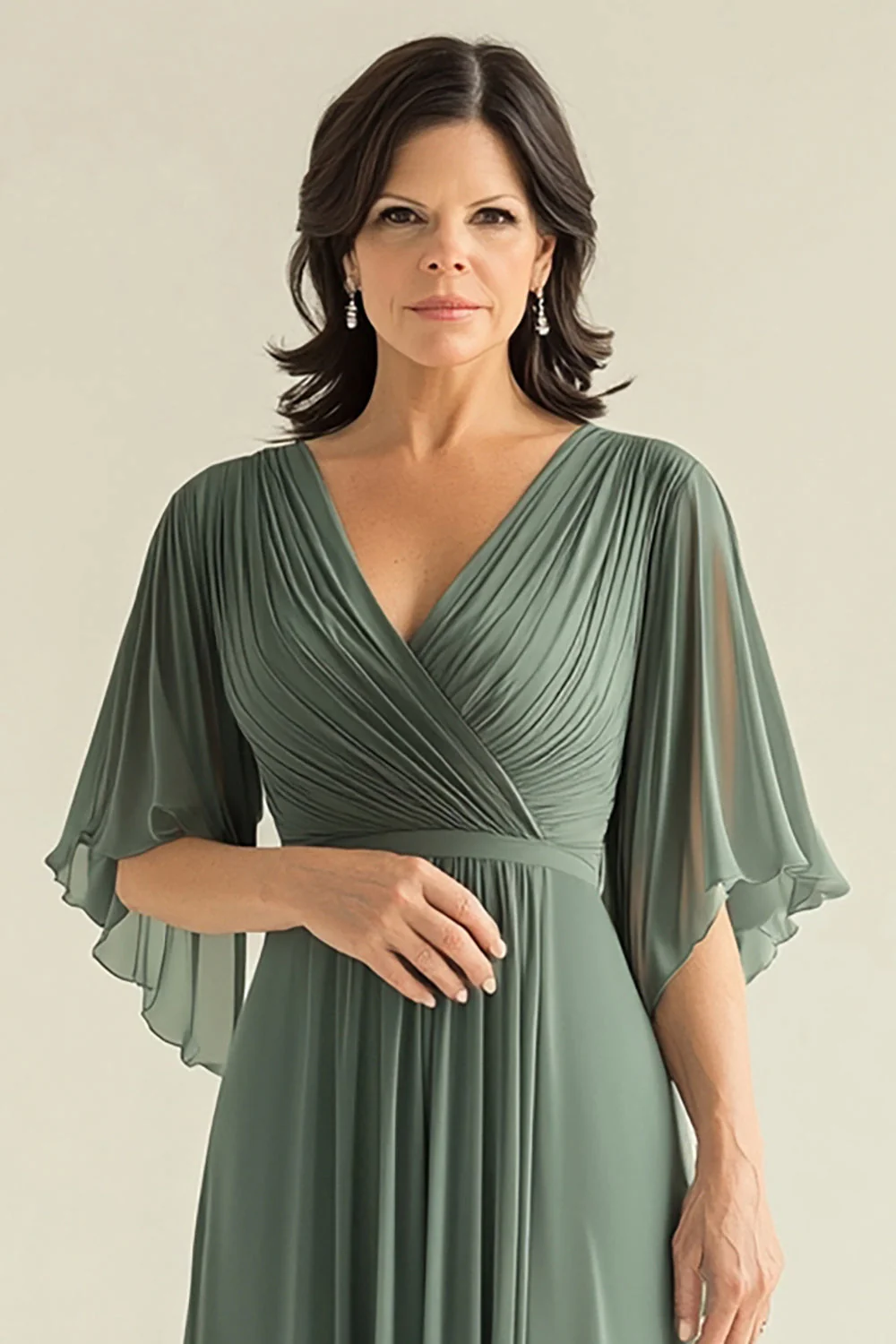Green A-Line Pleated Chiffon Half Sleeves Long Choir Dress - Image 4