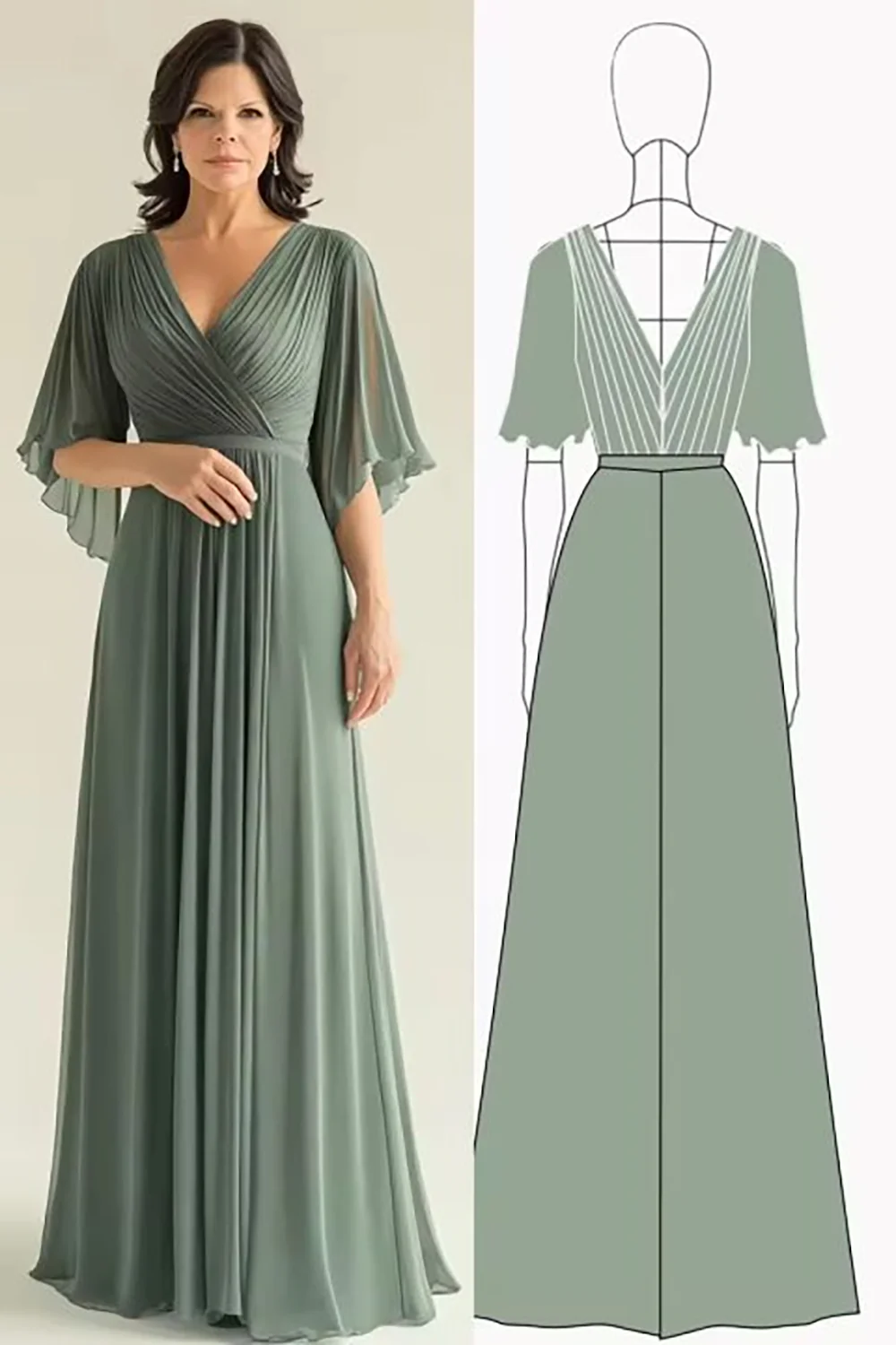 Green A-Line Pleated Chiffon Half Sleeves Long Choir Dress - Image 6