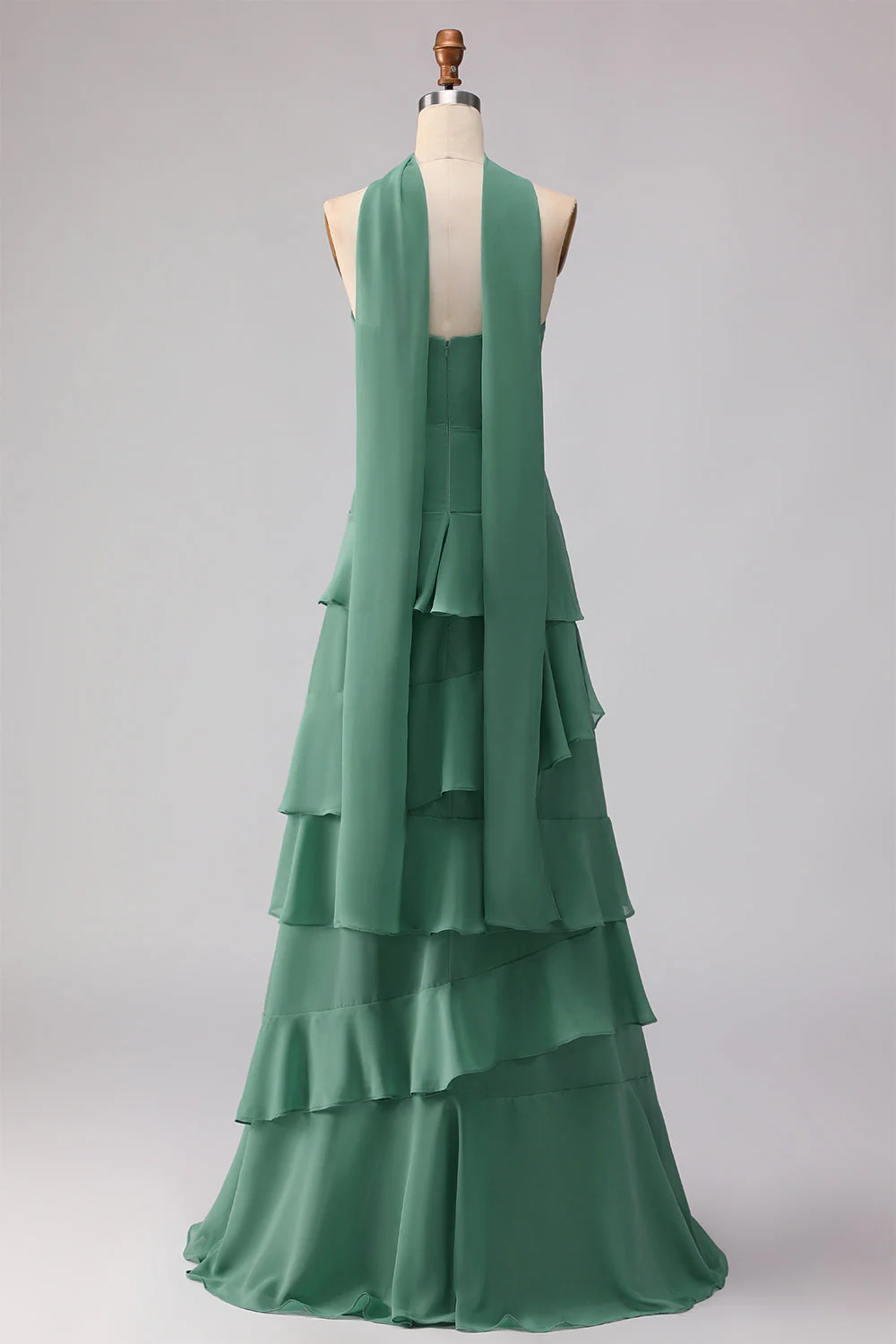 Green A-Line Ruffled Sweetheart Long Bridesmaid Dress with a Neck Scarf - Image 2