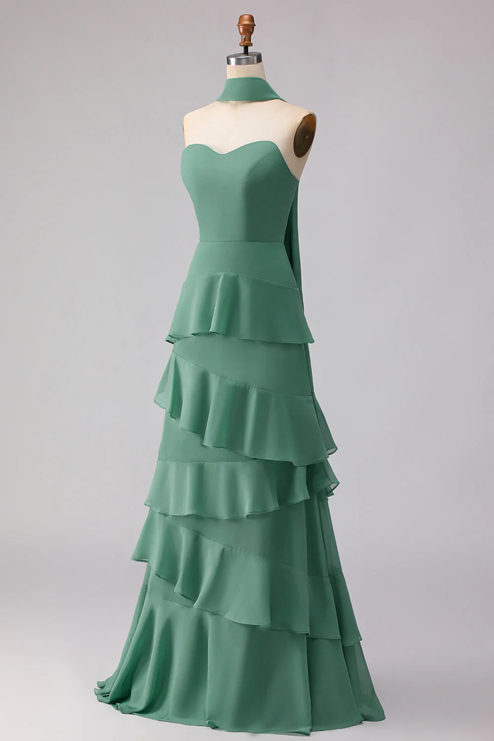 Green A-Line Ruffled Sweetheart Long Bridesmaid Dress with a Neck Scarf - Image 3