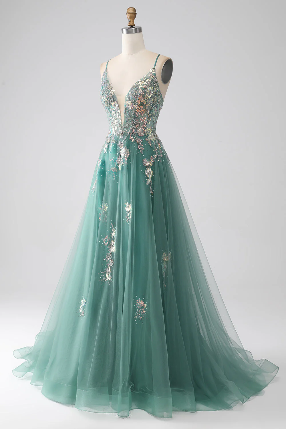 Green A-Line Spaghetti Straps Long Prom Dress With Sparkly Sequin Appliques - Image 5