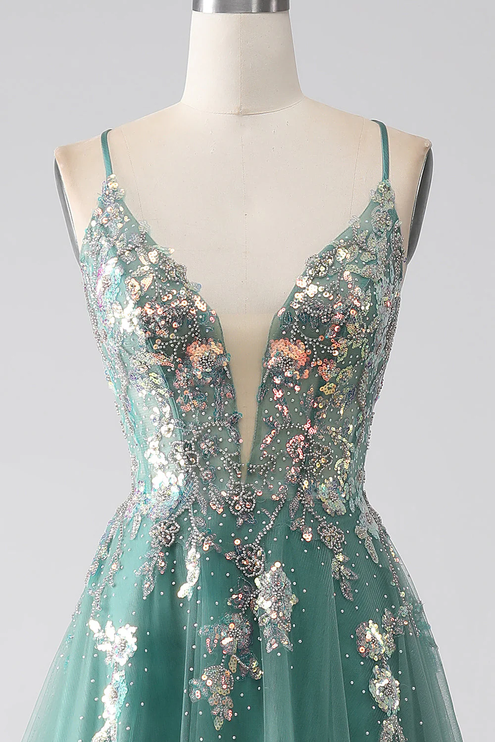 Green A-Line Spaghetti Straps Long Prom Dress With Sparkly Sequin Appliques - Image 6