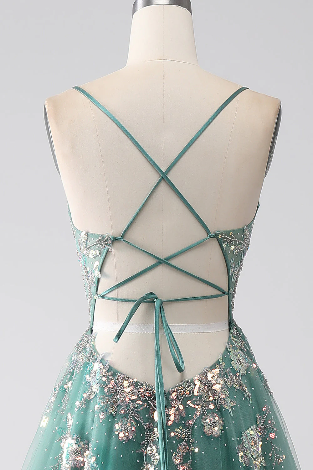 Green A-Line Spaghetti Straps Long Prom Dress With Sparkly Sequin Appliques - Image 7