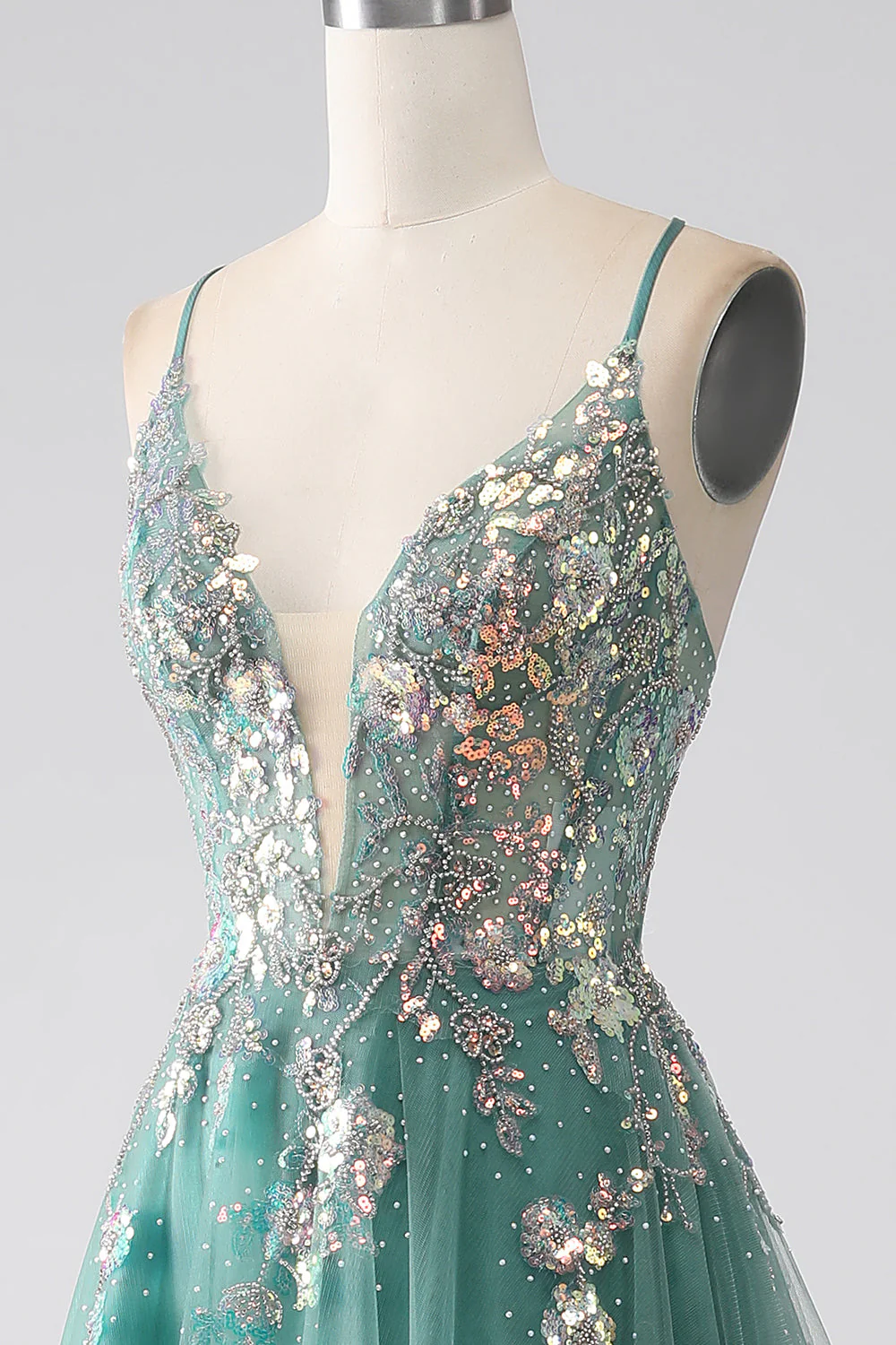 Green A-Line Spaghetti Straps Long Prom Dress With Sparkly Sequin Appliques - Image 8